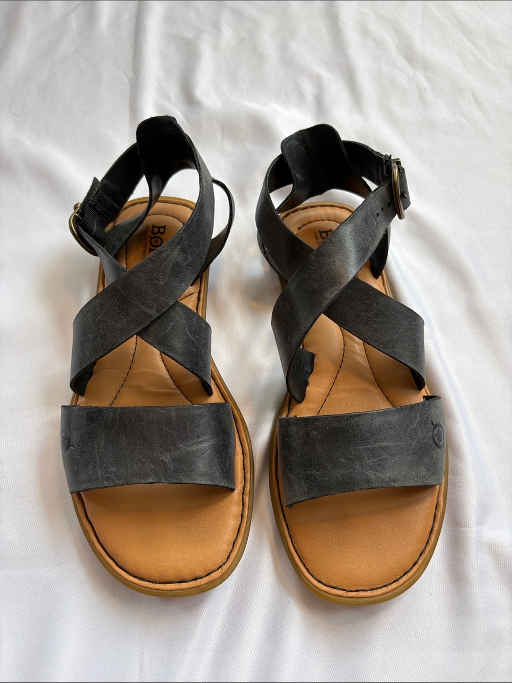 Born Black Leather Crisscross Strap Sandals with Tan Footbed